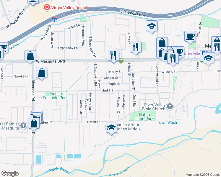map of restaurants, bars, coffee shops, grocery stores, and more near 555 2nd South Street in Mesquite