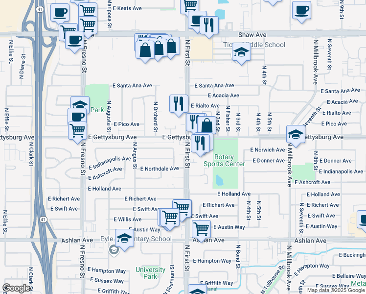 map of restaurants, bars, coffee shops, grocery stores, and more near 4577 North First Street in Fresno