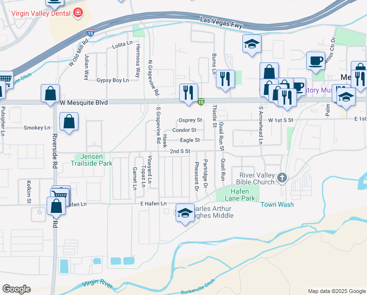 map of restaurants, bars, coffee shops, grocery stores, and more near 562 Eagle Street in Mesquite