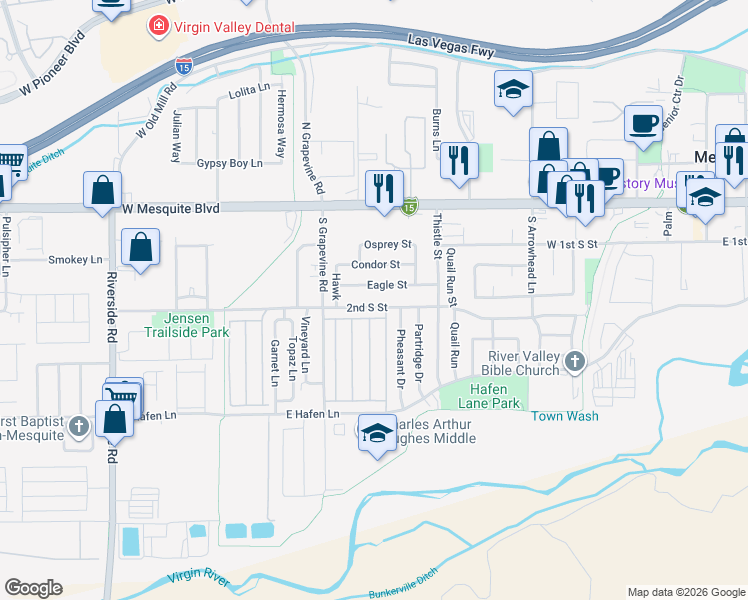map of restaurants, bars, coffee shops, grocery stores, and more near 555 2nd South Street in Mesquite