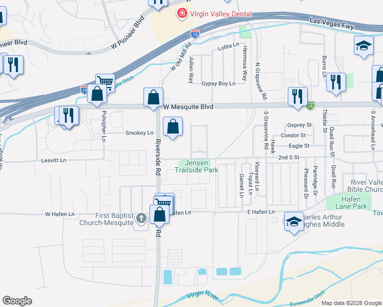 map of restaurants, bars, coffee shops, grocery stores, and more near 163 Desert Willow Lane in Mesquite