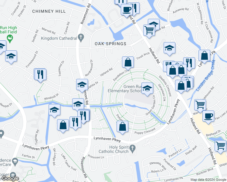 map of restaurants, bars, coffee shops, grocery stores, and more near 3524 Daffodil Crescent in Virginia Beach