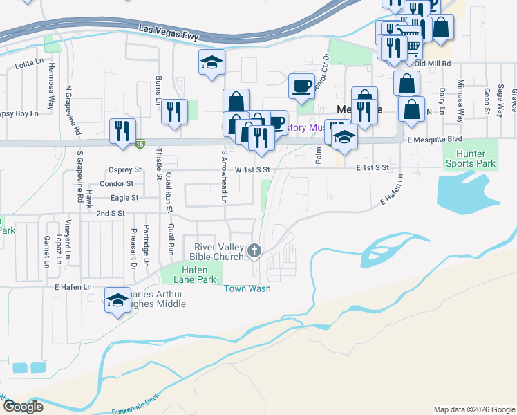 map of restaurants, bars, coffee shops, grocery stores, and more near 168 Piute Street in Mesquite