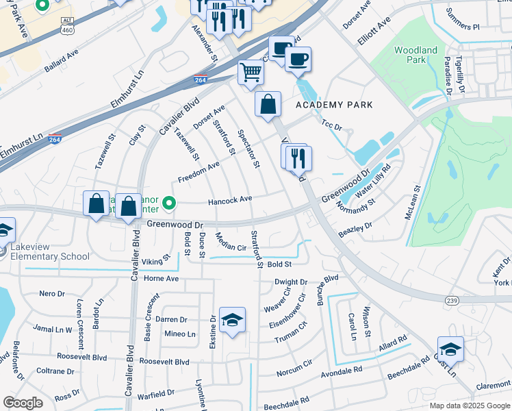 map of restaurants, bars, coffee shops, grocery stores, and more near 719 Hancock Avenue in Portsmouth