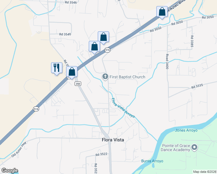 map of restaurants, bars, coffee shops, grocery stores, and more near County Road 3500 in Aztec