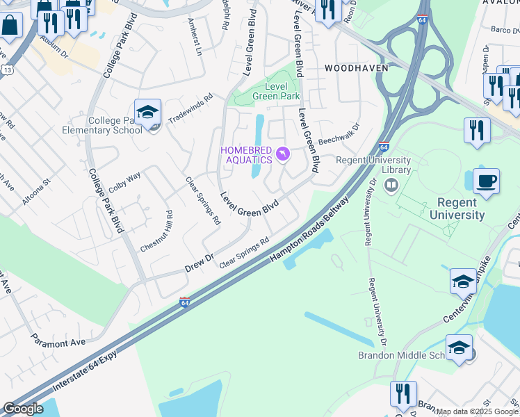 map of restaurants, bars, coffee shops, grocery stores, and more near 1308 Level Green Boulevard in Virginia Beach