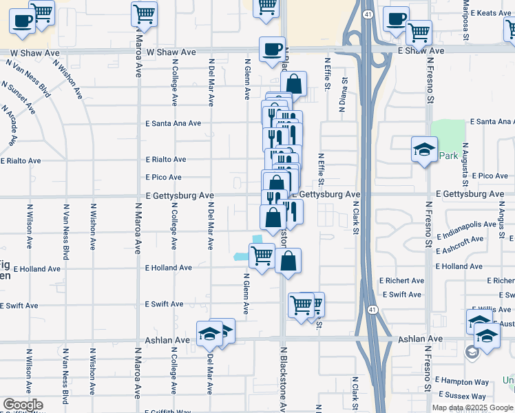 map of restaurants, bars, coffee shops, grocery stores, and more near 1610 East Gettysburg Avenue in Fresno