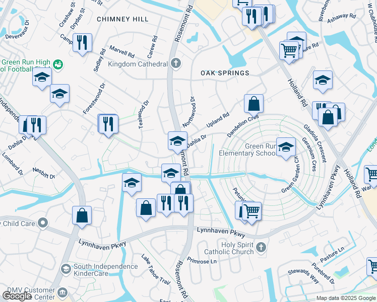 map of restaurants, bars, coffee shops, grocery stores, and more near 1177 South Rosemont Road in Virginia Beach