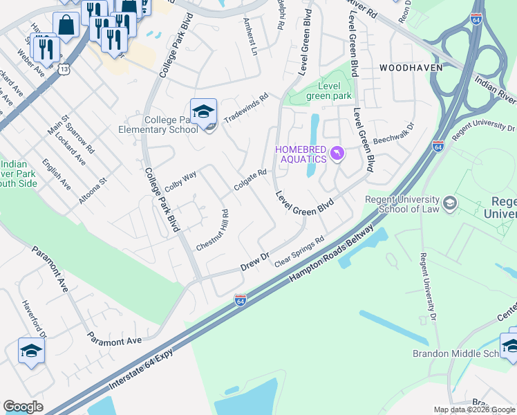 map of restaurants, bars, coffee shops, grocery stores, and more near 6055 Clear Springs Road in Virginia Beach
