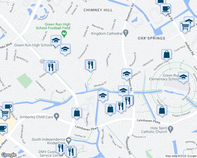 map of restaurants, bars, coffee shops, grocery stores, and more near 1115 Rembrandt Court in Virginia Beach