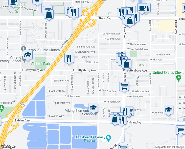 map of restaurants, bars, coffee shops, grocery stores, and more near 4877 East Norwich Avenue in Fresno