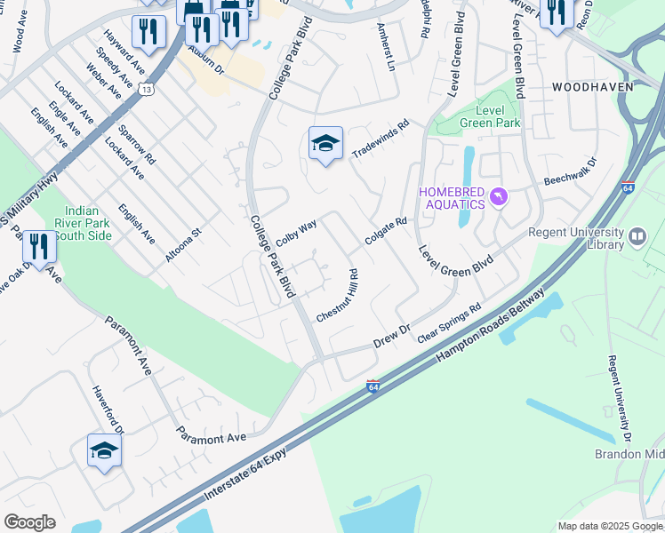 map of restaurants, bars, coffee shops, grocery stores, and more near 1305 Glyndon Drive in Virginia Beach