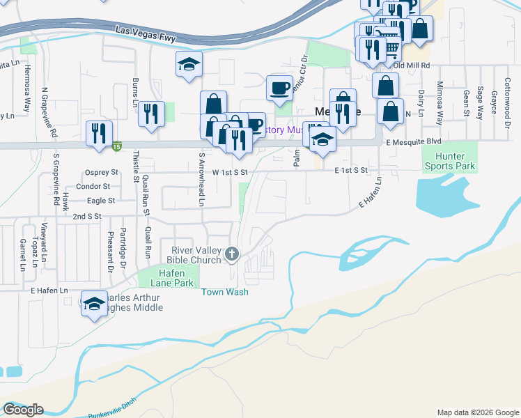 map of restaurants, bars, coffee shops, grocery stores, and more near 172 Jacaranda Way in Mesquite