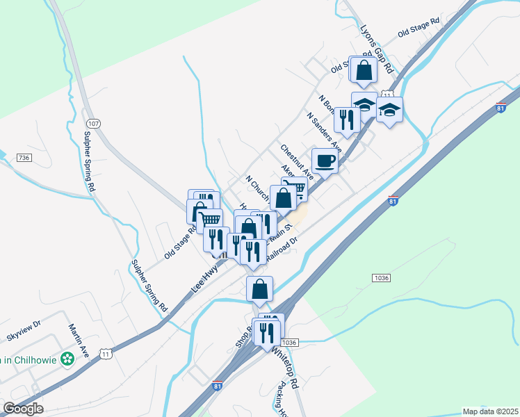 map of restaurants, bars, coffee shops, grocery stores, and more near 313 Chilhowie Street in Chilhowie