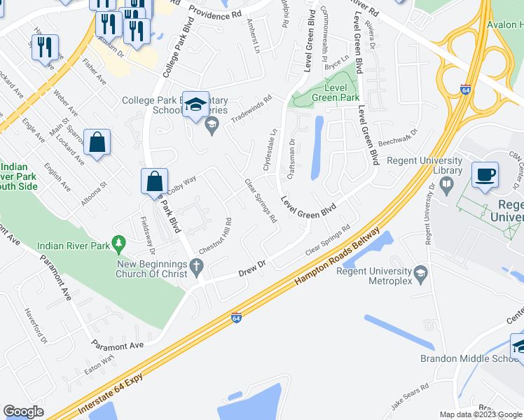 map of restaurants, bars, coffee shops, grocery stores, and more near 6055 Clear Springs Road in Virginia Beach