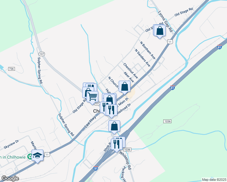 map of restaurants, bars, coffee shops, grocery stores, and more near 313 Chilhowie Street in Chilhowie