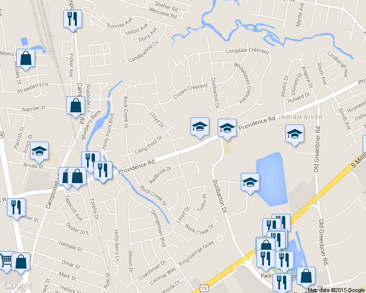 map of restaurants, bars, coffee shops, grocery stores, and more near 404 Providence Road in Chesapeake