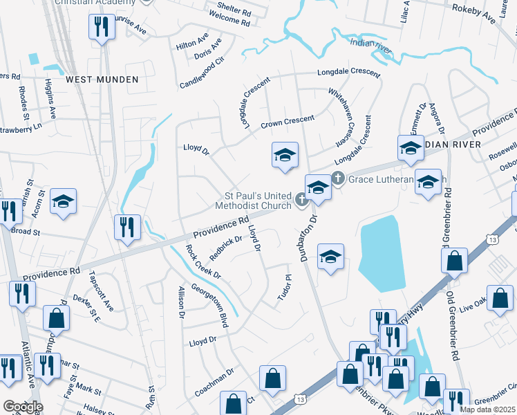 map of restaurants, bars, coffee shops, grocery stores, and more near 404 Providence Road in Chesapeake