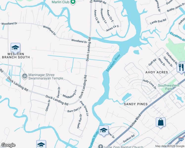 map of restaurants, bars, coffee shops, grocery stores, and more near 3916 Mariner Drive in Chesapeake