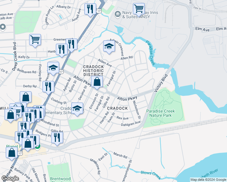 map of restaurants, bars, coffee shops, grocery stores, and more near 62 Gillis Road in Portsmouth