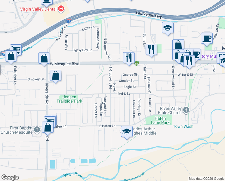 map of restaurants, bars, coffee shops, grocery stores, and more near 175 Hawk in Mesquite