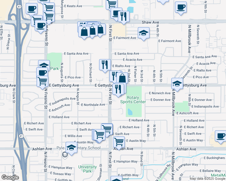 map of restaurants, bars, coffee shops, grocery stores, and more near 3102 East Gettysburg Avenue in Fresno