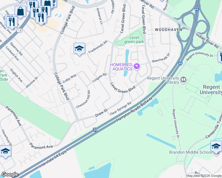 map of restaurants, bars, coffee shops, grocery stores, and more near 6217 Appaloosa Court in Virginia Beach