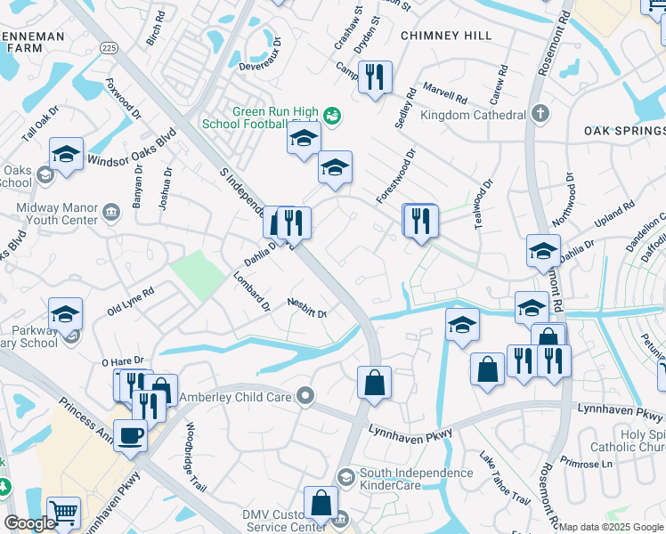 map of restaurants, bars, coffee shops, grocery stores, and more near 647 Orangewood Drive in Virginia Beach