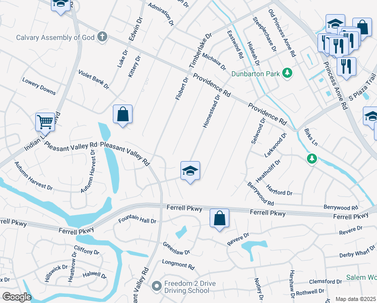 map of restaurants, bars, coffee shops, grocery stores, and more near 1209 Homestead Drive in Virginia Beach