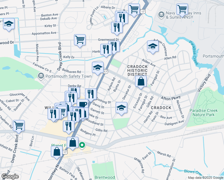 map of restaurants, bars, coffee shops, grocery stores, and more near 24 Channing Avenue in Portsmouth