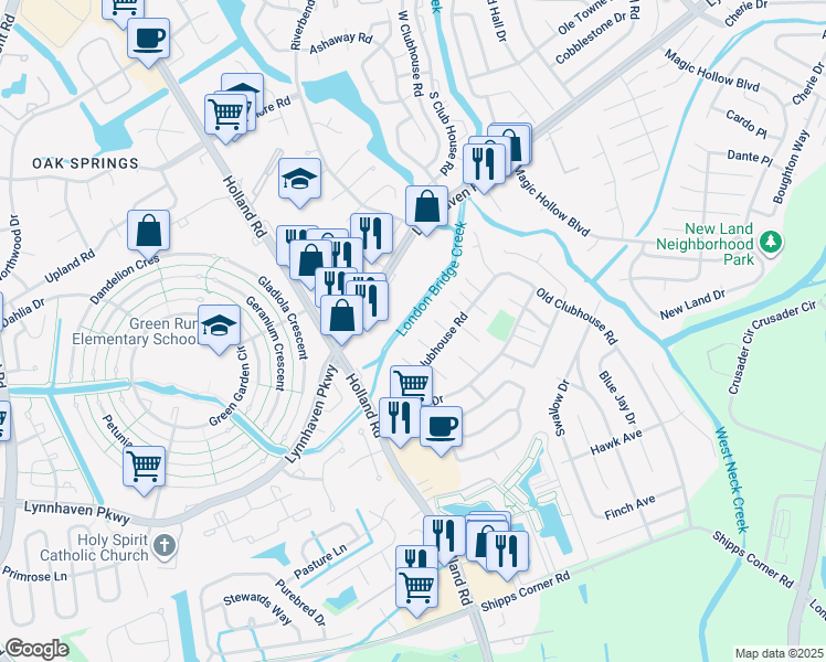 map of restaurants, bars, coffee shops, grocery stores, and more near 3252 Saxon Place in Virginia Beach