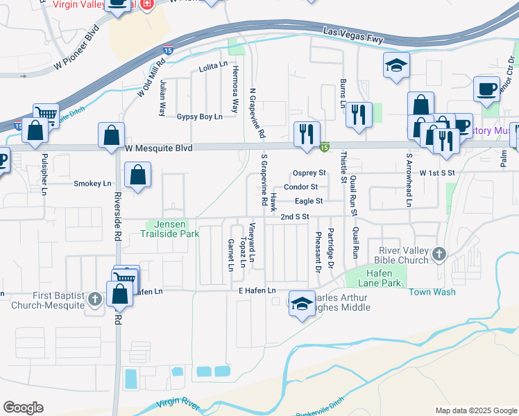 map of restaurants, bars, coffee shops, grocery stores, and more near 173 South Grapevine Road in Mesquite