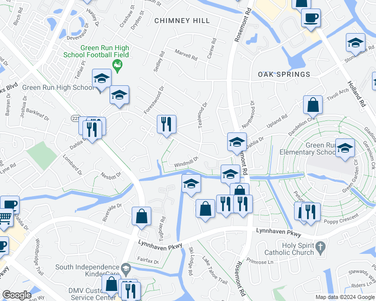 map of restaurants, bars, coffee shops, grocery stores, and more near 1102 Woodenshoe Court in Virginia Beach