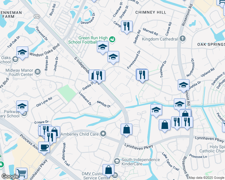 map of restaurants, bars, coffee shops, grocery stores, and more near 647 Orangewood Drive in Virginia Beach