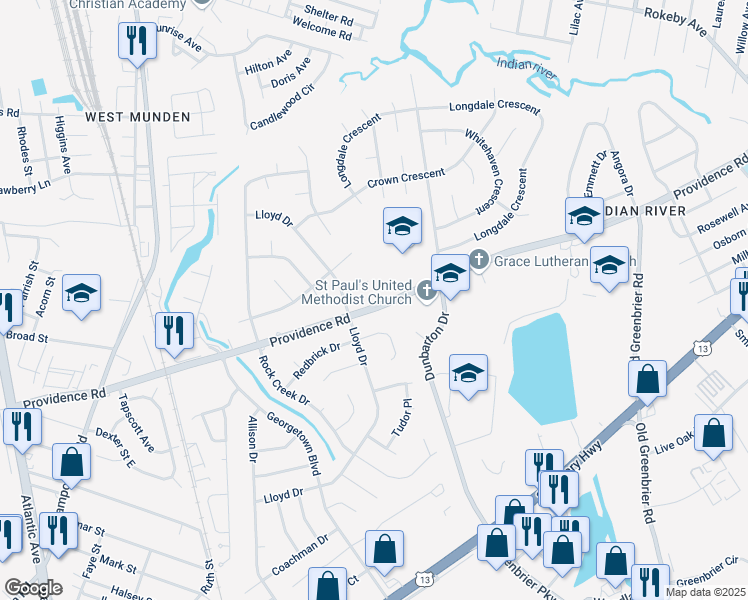 map of restaurants, bars, coffee shops, grocery stores, and more near 408 Providence Road in Chesapeake