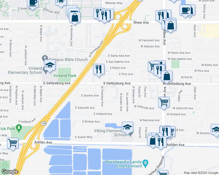 map of restaurants, bars, coffee shops, grocery stores, and more near 4834 East Gettysburg Avenue in Fresno