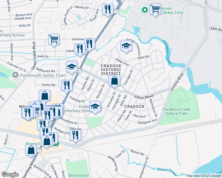 map of restaurants, bars, coffee shops, grocery stores, and more near 36 Prospect Parkway in Portsmouth