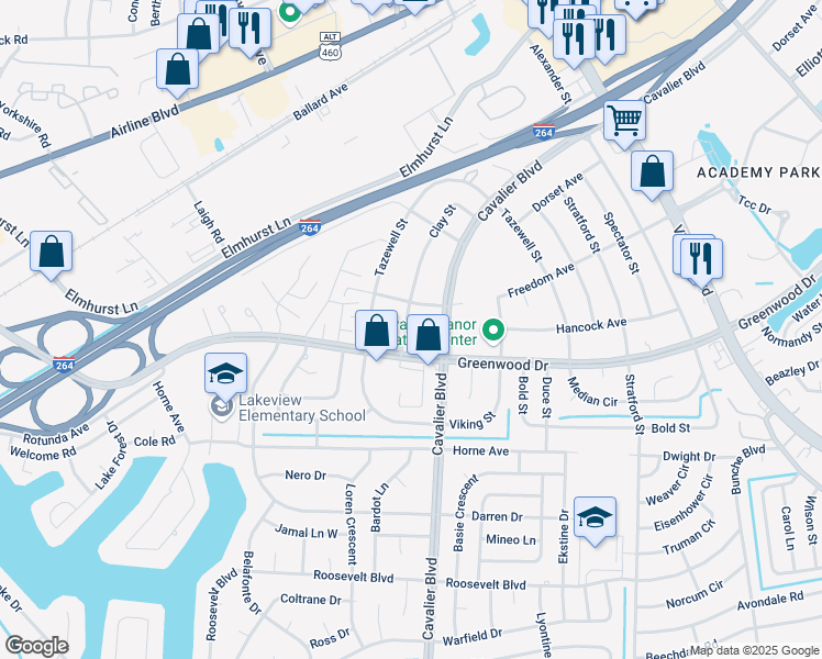 map of restaurants, bars, coffee shops, grocery stores, and more near 1107 Clay Street in Portsmouth