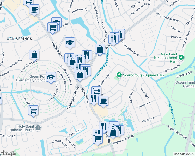 map of restaurants, bars, coffee shops, grocery stores, and more near 3250 Saxon Place in Virginia Beach