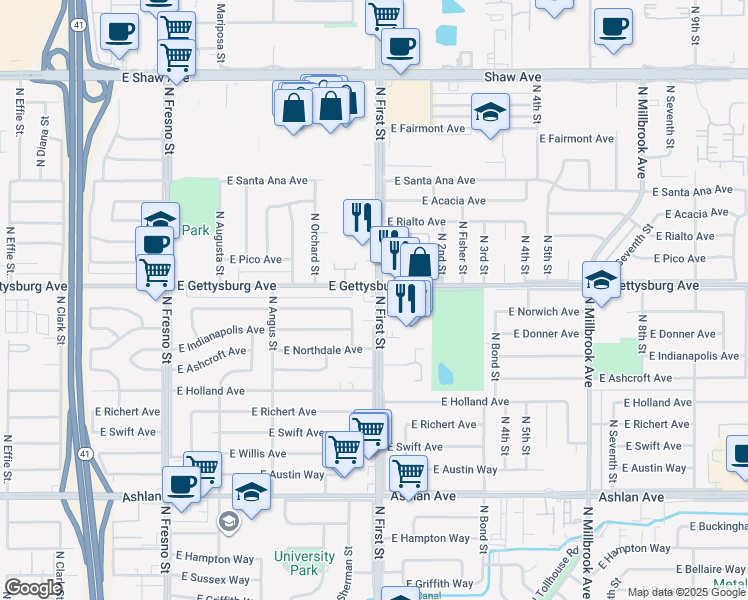 map of restaurants, bars, coffee shops, grocery stores, and more near 4577 North 1st Street in Fresno
