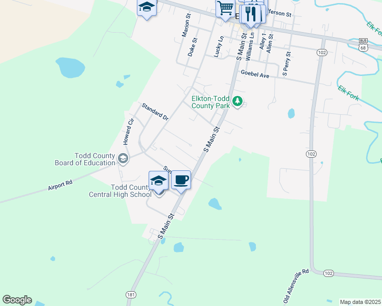 map of restaurants, bars, coffee shops, grocery stores, and more near 102 Glenn Court in Elkton