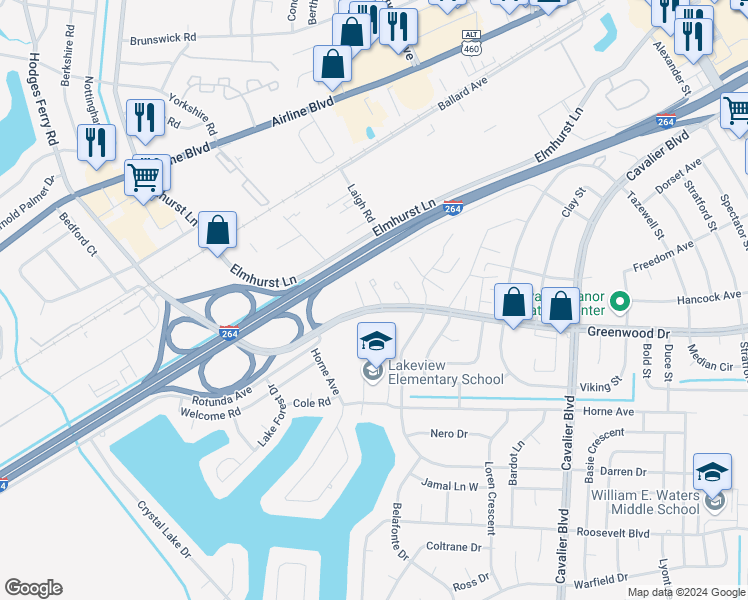 map of restaurants, bars, coffee shops, grocery stores, and more near 4678 Greenwood Drive in Portsmouth
