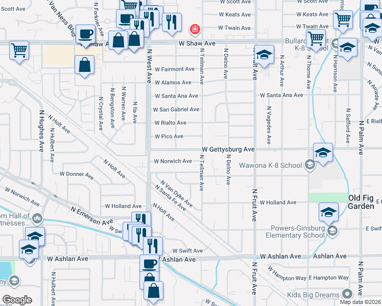 map of restaurants, bars, coffee shops, grocery stores, and more near 933 W Gettysburg Ave in Fresno