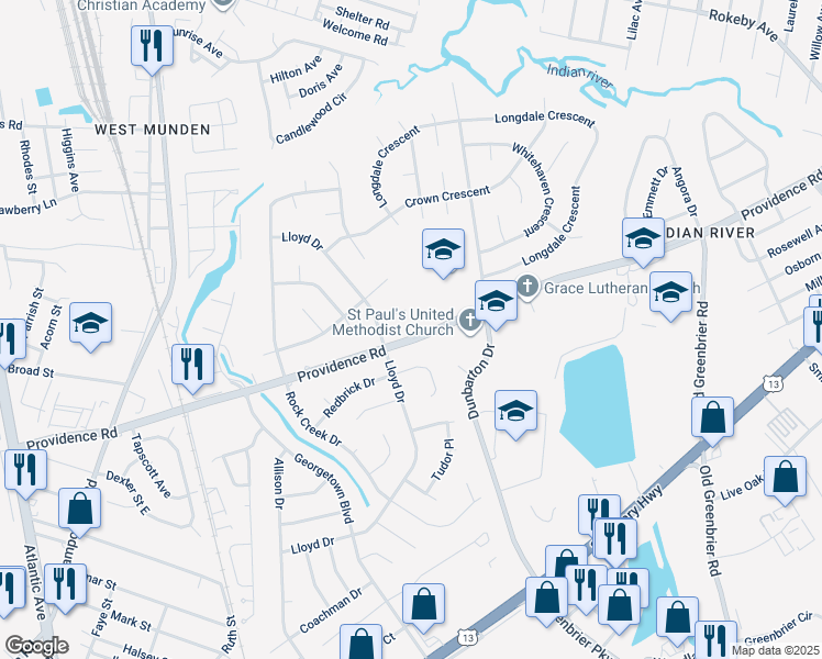 map of restaurants, bars, coffee shops, grocery stores, and more near 408 Providence Road in Chesapeake