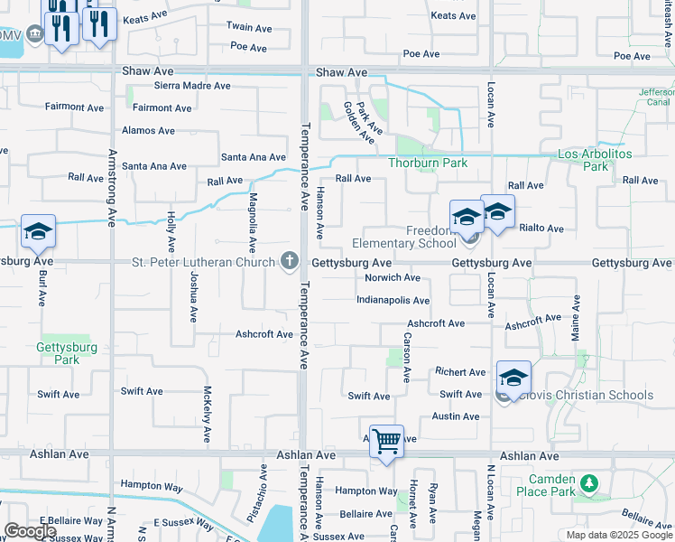 map of restaurants, bars, coffee shops, grocery stores, and more near 2667 Norwich Avenue in Clovis