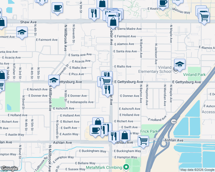map of restaurants, bars, coffee shops, grocery stores, and more near 4593 North Cedar Avenue in Fresno