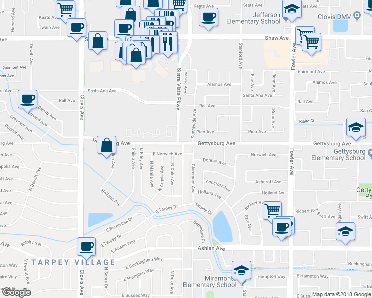 map of restaurants, bars, coffee shops, grocery stores, and more near 4582 North Sunnyside Avenue in Fresno