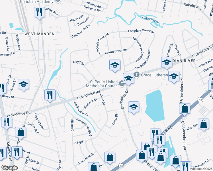 map of restaurants, bars, coffee shops, grocery stores, and more near 408 Providence Road in Chesapeake