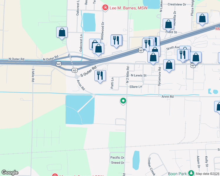 map of restaurants, bars, coffee shops, grocery stores, and more near 701 Patti Lane in Dexter