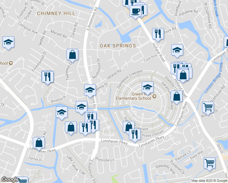 map of restaurants, bars, coffee shops, grocery stores, and more near 3524 Dandelion Crescent in Virginia Beach